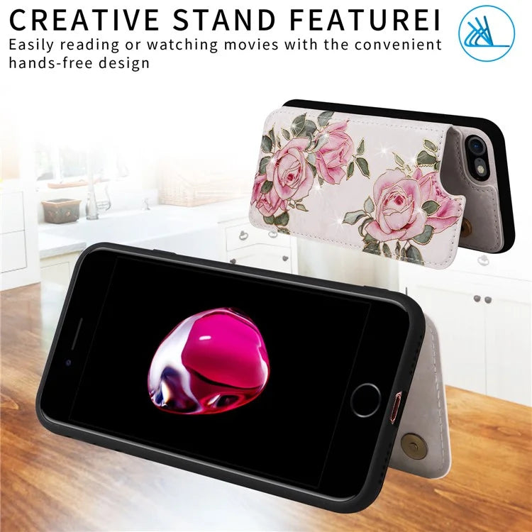 For iPhone 7 / 8 / SE (2020) / SE (2022) Case RFID Blocking Lacquered Flower Phone Kickstand Cover