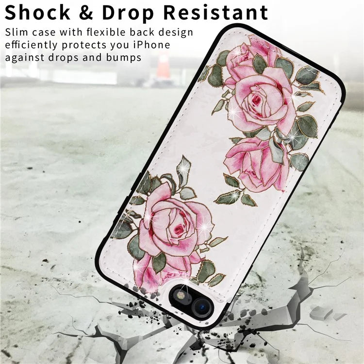 For iPhone 7 / 8 / SE (2020) / SE (2022) Case RFID Blocking Lacquered Flower Phone Kickstand Cover