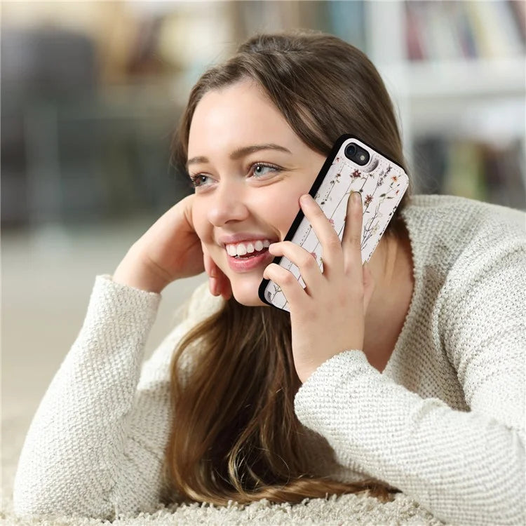 For iPhone 7 / 8 / SE (2020) / SE (2022) Case RFID Blocking Lacquered Flower Phone Kickstand Cover