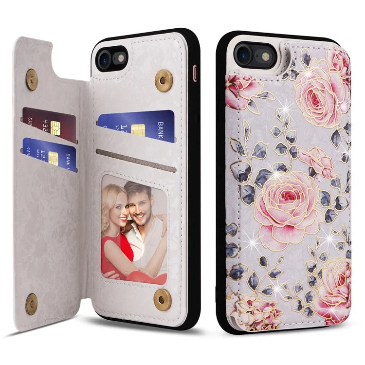 For iPhone 7 / 8 / SE (2020) / SE (2022) Case RFID Blocking Lacquered Flower Phone Kickstand Cover