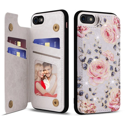 For iPhone 7 / 8 / SE (2020) / SE (2022) Case RFID Blocking Lacquered Flower Phone Kickstand Cover