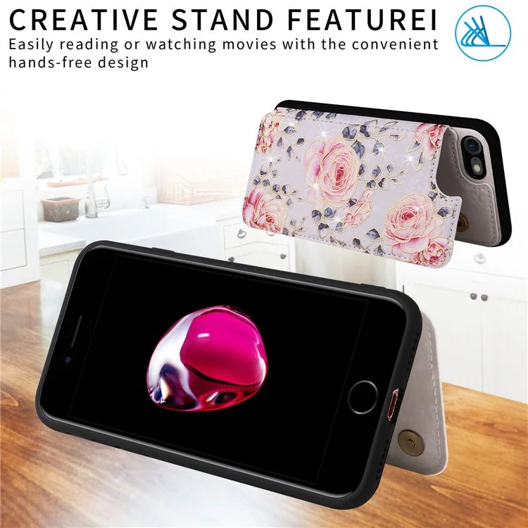 For iPhone 7 / 8 / SE (2020) / SE (2022) Case RFID Blocking Lacquered Flower Phone Kickstand Cover