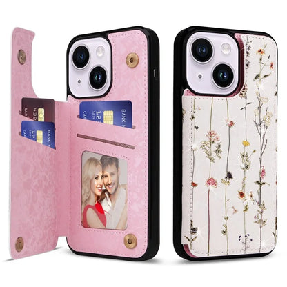 For iPhone 14 Plus Case Lacquered Flower Magnetic Buttons Phone Kickstand Cover