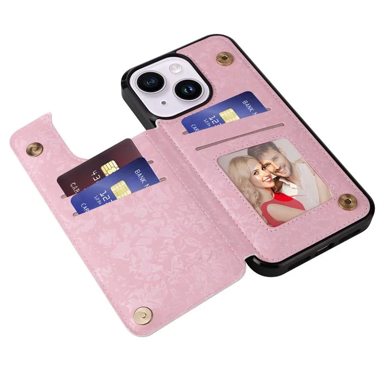 For iPhone 14 Plus Case Lacquered Flower Magnetic Buttons Phone Kickstand Cover