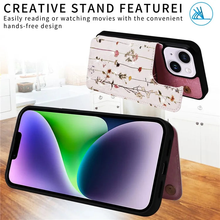 For iPhone 14 Plus Case Lacquered Flower Magnetic Buttons Phone Kickstand Cover