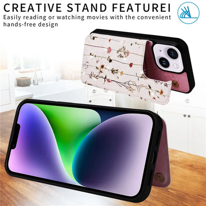 For iPhone 14 Plus Case Lacquered Flower Magnetic Buttons Phone Kickstand Cover