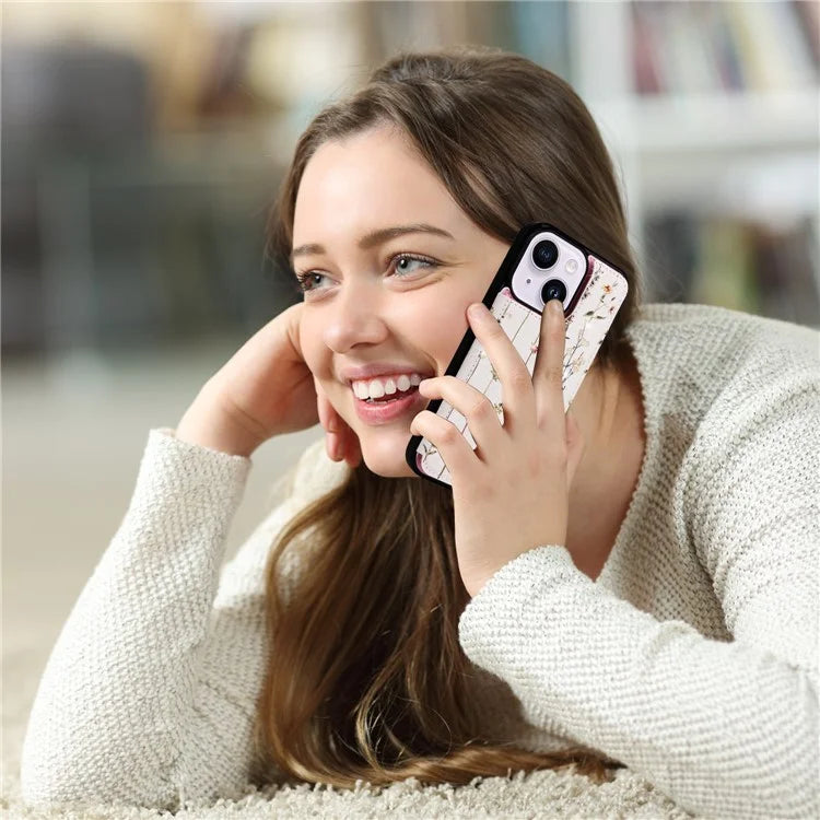 For iPhone 14 Plus Case Lacquered Flower Magnetic Buttons Phone Kickstand Cover