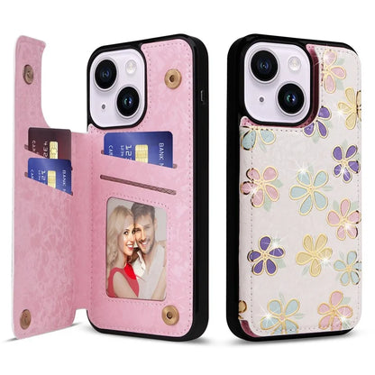 For iPhone 14 Plus Case Lacquered Flower Magnetic Buttons Phone Kickstand Cover