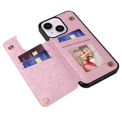 For iPhone 14 Plus Case Lacquered Flower Magnetic Buttons Phone Kickstand Cover