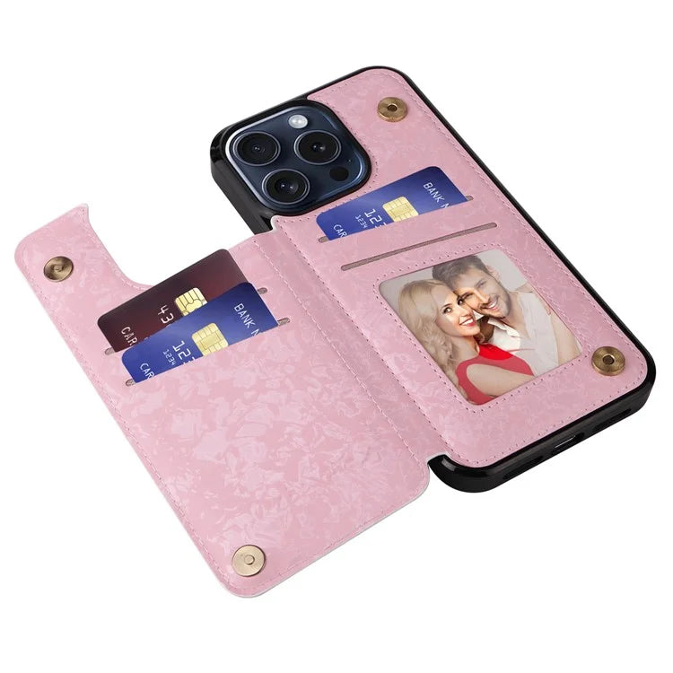 For iPhone 15 Pro Case Lacquered Flower Kickstand Leather Coated TPU Phone Cover
