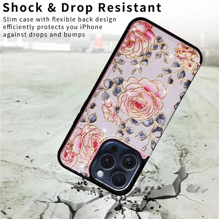For iPhone 15 Pro Case Lacquered Flower Kickstand Leather Coated TPU Phone Cover