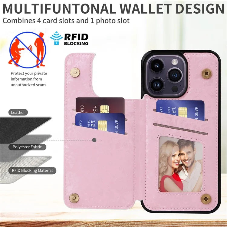 For iPhone 14 Pro Case RFID Blocking Card Holder Leather+TPU Phone Cover