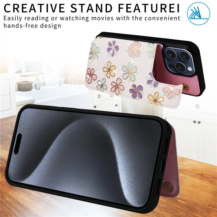 For iPhone 15 Pro Max Case Kickstand Lacquered Flower Leather Coated TPU Cover