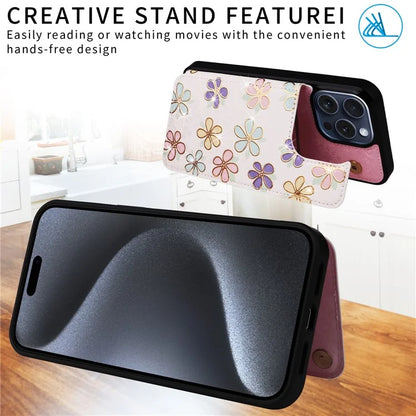For iPhone 15 Pro Max Case Kickstand Lacquered Flower Leather Coated TPU Cover
