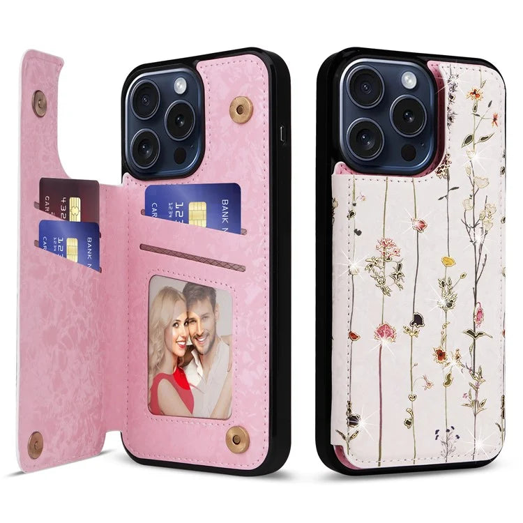 For iPhone 15 Pro Max Case Kickstand Lacquered Flower Leather Coated TPU Cover