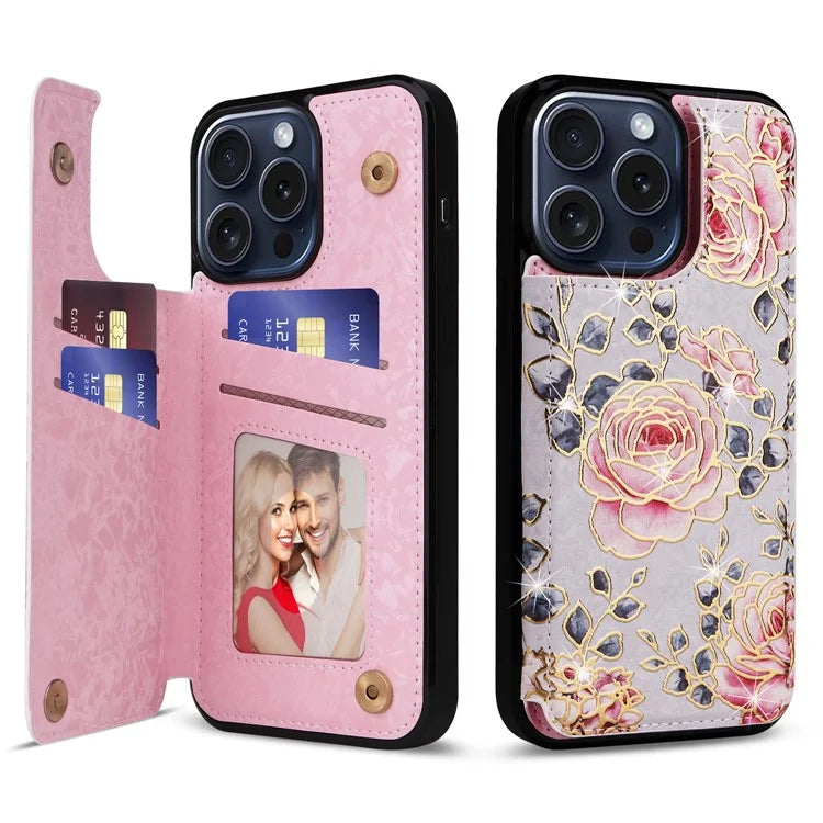 For iPhone 15 Pro Max Case Kickstand Lacquered Flower Leather Coated TPU Cover
