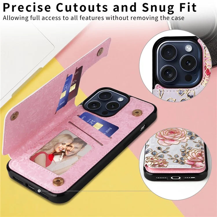 For iPhone 15 Pro Max Case Kickstand Lacquered Flower Leather Coated TPU Cover