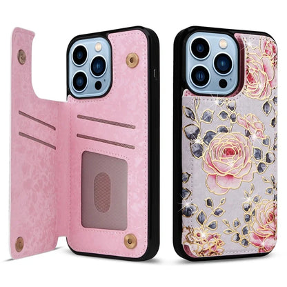 For iPhone 13 Pro Case Lacquered Flower Phone Cover with Card Holder Kickstand
