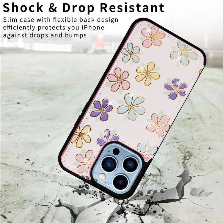 For iPhone 13 Pro Case Lacquered Flower Phone Cover with Card Holder Kickstand