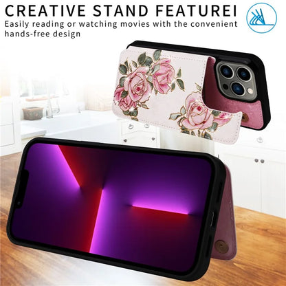 For iPhone 13 Pro Case Lacquered Flower Phone Cover with Card Holder Kickstand