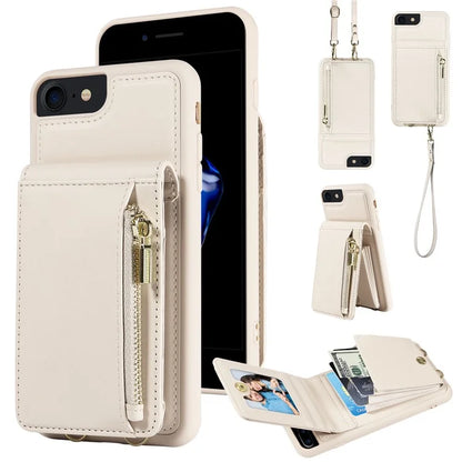 For iPhone 7 / 8 / SE (2020) / (2022) Case RFID Blocking PU+TPU Wallet Phone Case with Kickstand, Straps