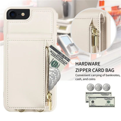 For iPhone 7 / 8 / SE (2020) / (2022) Case RFID Blocking PU+TPU Wallet Phone Case with Kickstand, Straps