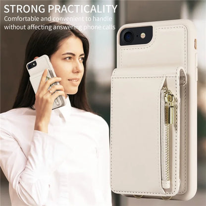 For iPhone 7 / 8 / SE (2020) / (2022) Case RFID Blocking PU+TPU Wallet Phone Case with Kickstand, Straps
