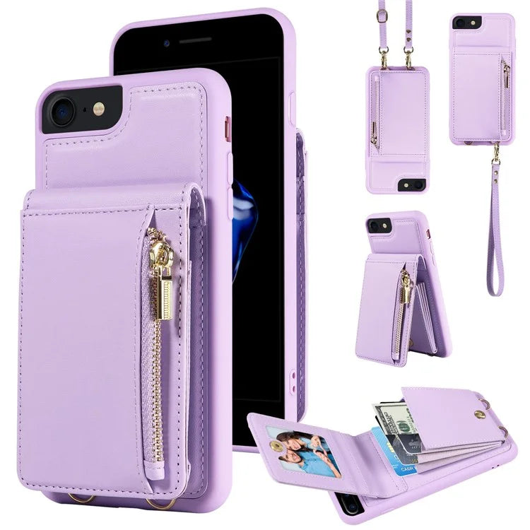 For iPhone 7 / 8 / SE (2020) / (2022) Case RFID Blocking PU+TPU Wallet Phone Case with Kickstand, Straps