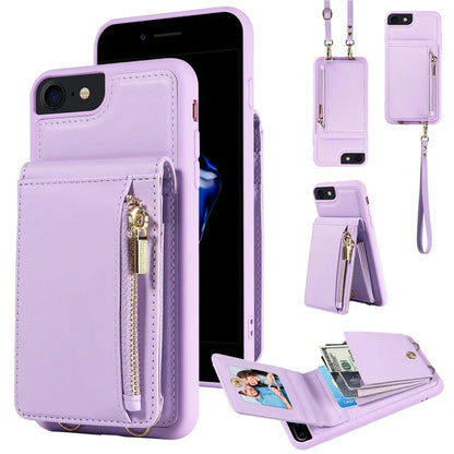 For iPhone 7 / 8 / SE (2020) / (2022) Case RFID Blocking PU+TPU Wallet Phone Case with Kickstand, Straps