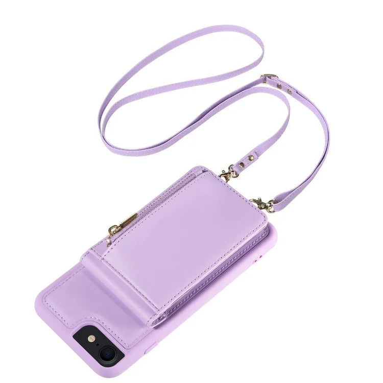 For iPhone 7 / 8 / SE (2020) / (2022) Case RFID Blocking PU+TPU Wallet Phone Case with Kickstand, Straps