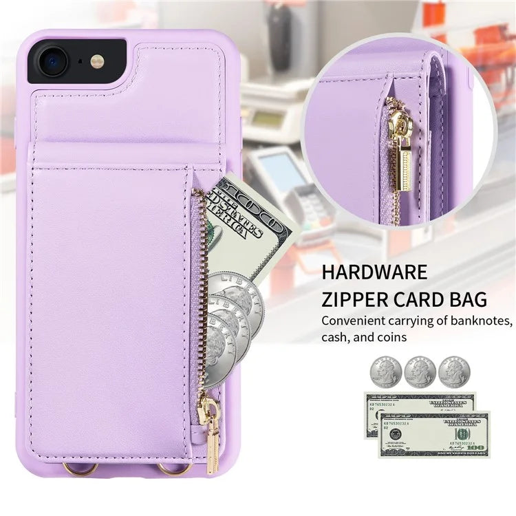 For iPhone 7 / 8 / SE (2020) / (2022) Case RFID Blocking PU+TPU Wallet Phone Case with Kickstand, Straps