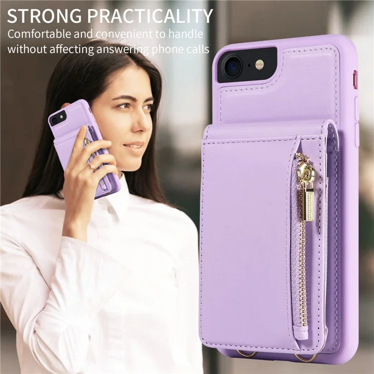 For iPhone 7 / 8 / SE (2020) / (2022) Case RFID Blocking PU+TPU Wallet Phone Case with Kickstand, Straps