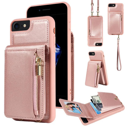 For iPhone 7 / 8 / SE (2020) / (2022) Case RFID Blocking PU+TPU Wallet Phone Case with Kickstand, Straps