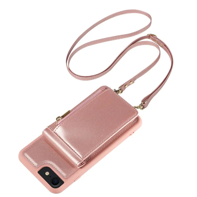 For iPhone 7 / 8 / SE (2020) / (2022) Case RFID Blocking PU+TPU Wallet Phone Case with Kickstand, Straps