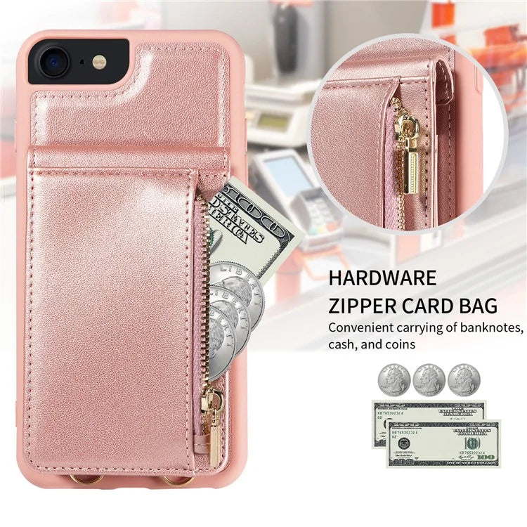 For iPhone 7 / 8 / SE (2020) / (2022) Case RFID Blocking PU+TPU Wallet Phone Case with Kickstand, Straps