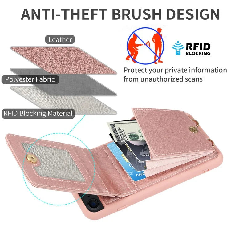 For iPhone 7 / 8 / SE (2020) / (2022) Case RFID Blocking PU+TPU Wallet Phone Case with Kickstand, Straps