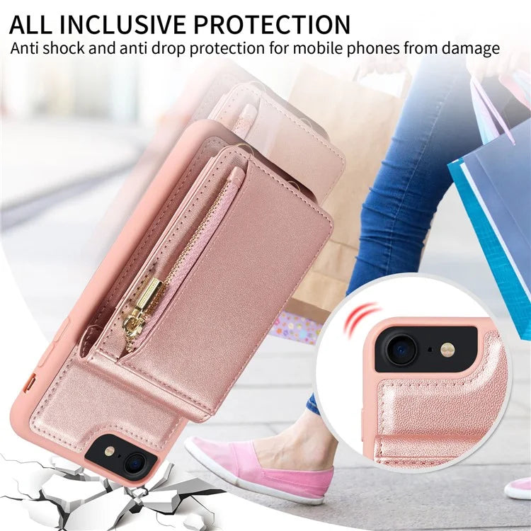 For iPhone 7 / 8 / SE (2020) / (2022) Case RFID Blocking PU+TPU Wallet Phone Case with Kickstand, Straps