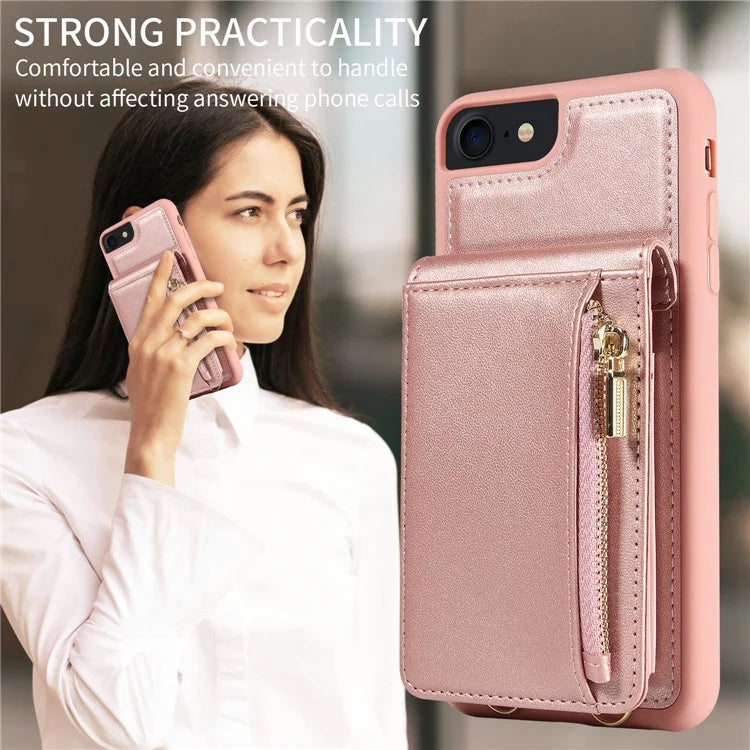 For iPhone 7 / 8 / SE (2020) / (2022) Case RFID Blocking PU+TPU Wallet Phone Case with Kickstand, Straps
