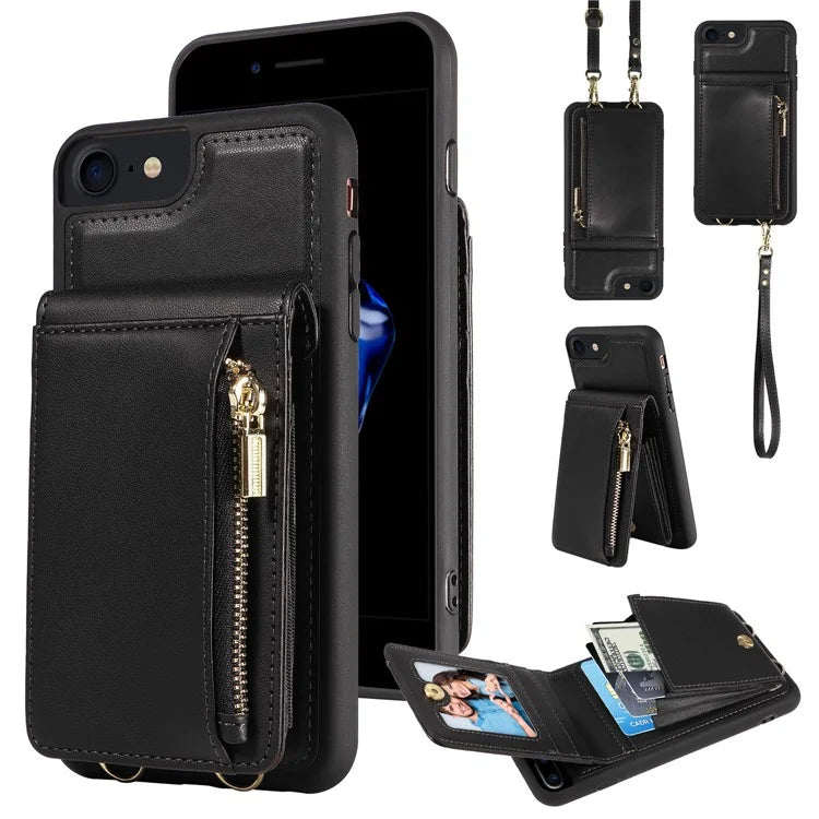 For iPhone 7 / 8 / SE (2020) / (2022) Case RFID Blocking PU+TPU Wallet Phone Case with Kickstand, Straps