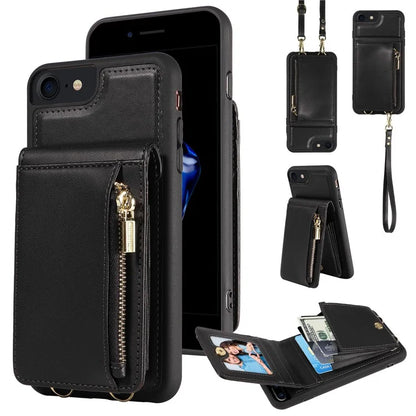 For iPhone 7 / 8 / SE (2020) / (2022) Case RFID Blocking PU+TPU Wallet Phone Case with Kickstand, Straps