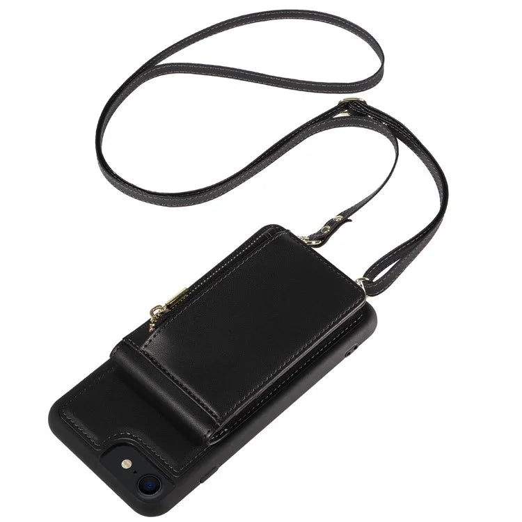 For iPhone 7 / 8 / SE (2020) / (2022) Case RFID Blocking PU+TPU Wallet Phone Case with Kickstand, Straps
