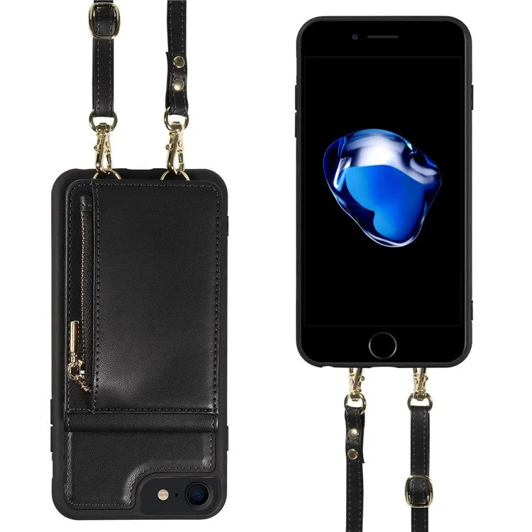 For iPhone 7 / 8 / SE (2020) / (2022) Case RFID Blocking PU+TPU Wallet Phone Case with Kickstand, Straps
