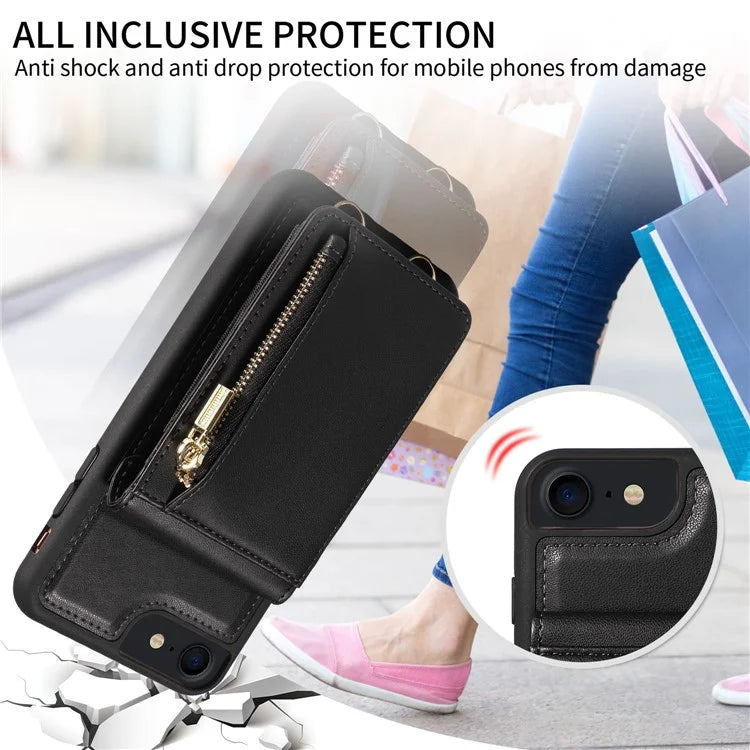 For iPhone 7 / 8 / SE (2020) / (2022) Case RFID Blocking PU+TPU Wallet Phone Case with Kickstand, Straps