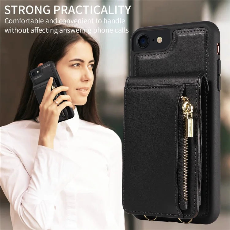For iPhone 7 / 8 / SE (2020) / (2022) Case RFID Blocking PU+TPU Wallet Phone Case with Kickstand, Straps
