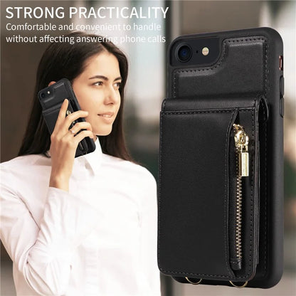 For iPhone 7 / 8 / SE (2020) / (2022) Case RFID Blocking PU+TPU Wallet Phone Case with Kickstand, Straps