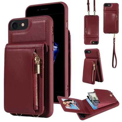 For iPhone 7 / 8 / SE (2020) / (2022) Case RFID Blocking PU+TPU Wallet Phone Case with Kickstand, Straps
