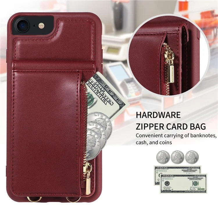 For iPhone 7 / 8 / SE (2020) / (2022) Case RFID Blocking PU+TPU Wallet Phone Case with Kickstand, Straps