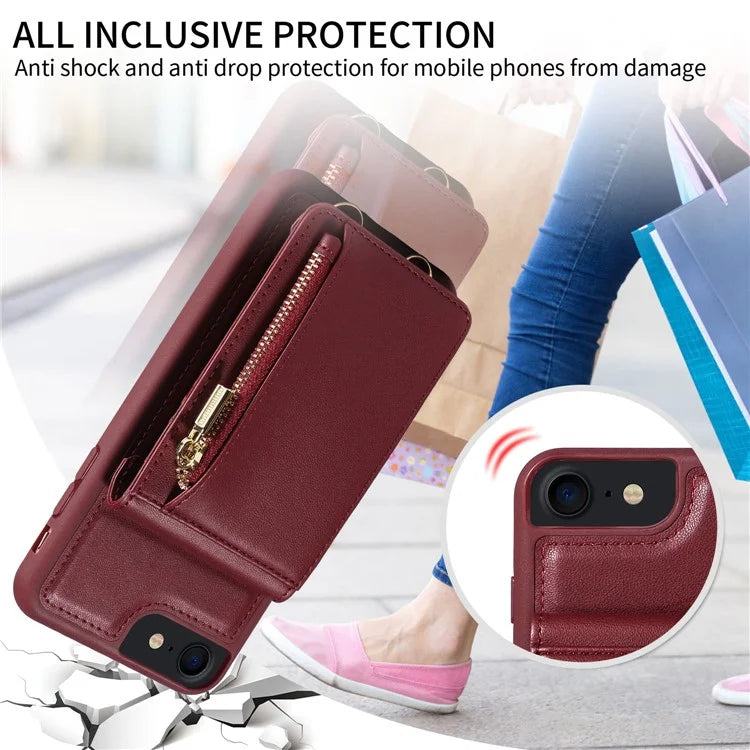 For iPhone 7 / 8 / SE (2020) / (2022) Case RFID Blocking PU+TPU Wallet Phone Case with Kickstand, Straps