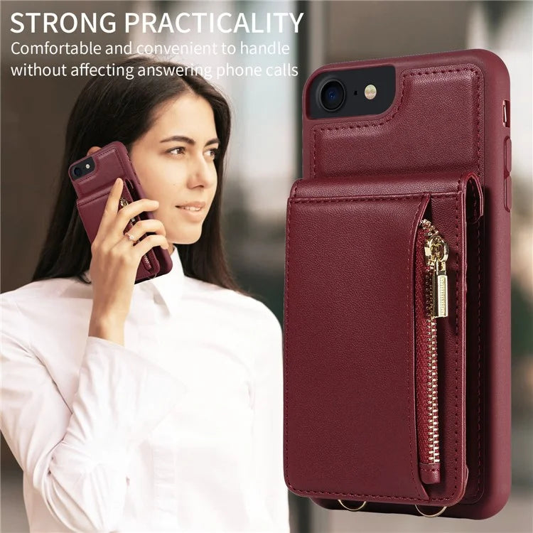 For iPhone 7 / 8 / SE (2020) / (2022) Case RFID Blocking PU+TPU Wallet Phone Case with Kickstand, Straps