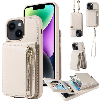 For iPhone 14 Wallet Case RFID Blocking PU+TPU Kickstand Phone Cover with Straps